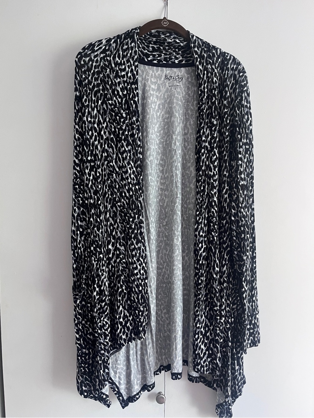 Black & Gray Leopard-Print Open Front Cardigan Duster